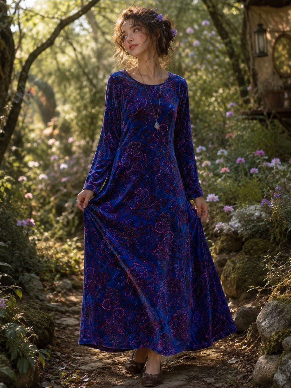 VTG Sears Vibrant Blue and Purple Long Sleeve Velvet Dress whimsigoth fairy